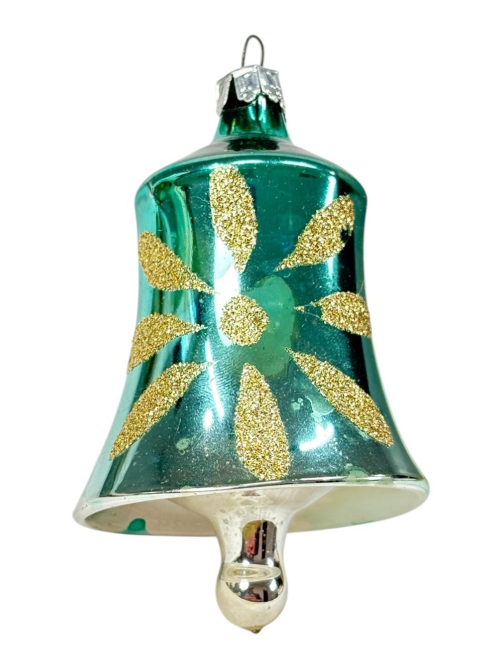 Vtg  Bradford 4” Mercury Glass Teal Green Mica Bell Christmas Tree Ornament